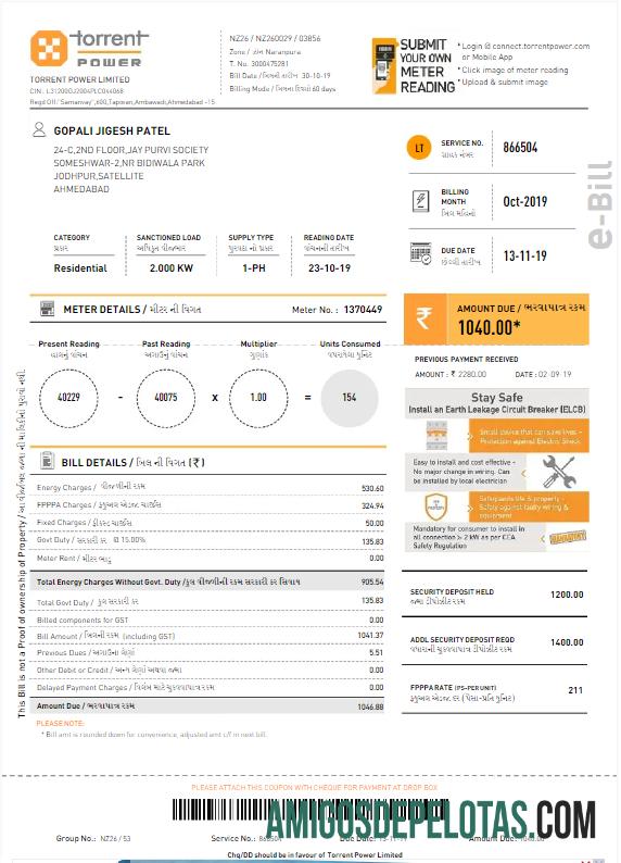 Em branco ÍNDIA TORRENT POWER Conta de serviços públicos Word e modelo PDF